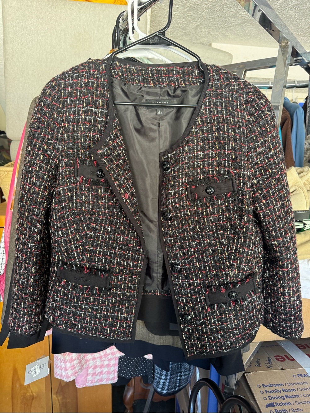 Talbots Black Tweed Jacket with Red and White Accents